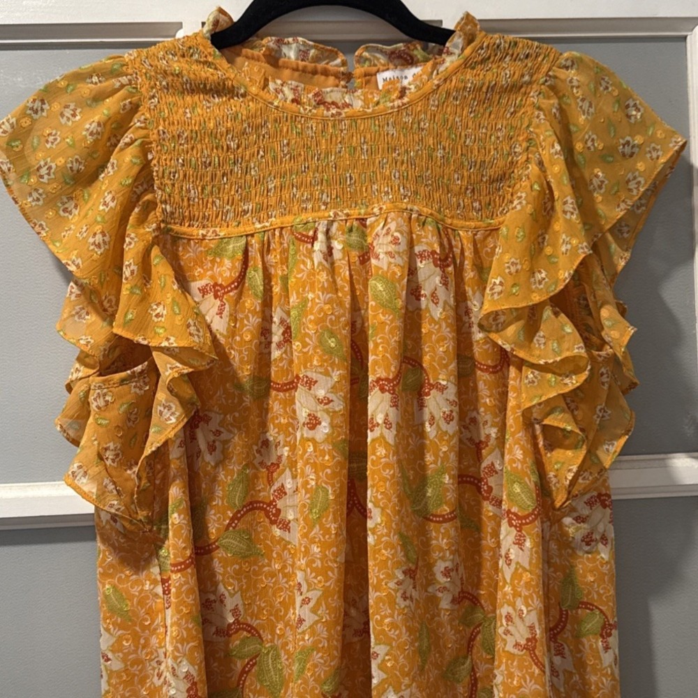 Maison d'Amelie Blouse Women Sz M Orange Cottage Smocked Ruffle Shabby Chic.